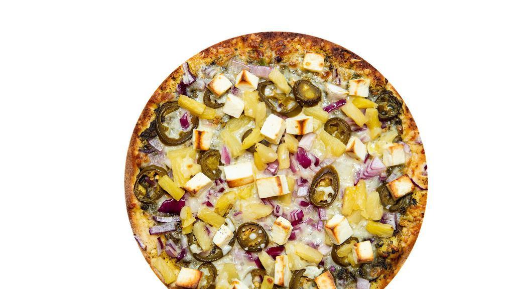 Saag Paneer Pizza · Elegant palak (spinach) paneer pizza with chopped red onions, pineapples, masala sauce, diced jalapeños, green onions, garlic, ginger, and mozzarella cheese