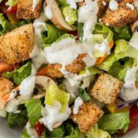 Garden Salad · Fresh garden salad made with greens, cucumber slices, fresh red Roma tomatoes, croutons and ...