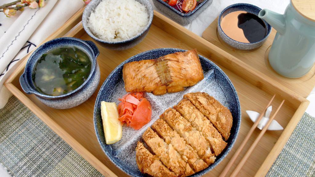 Bento Box · Served with rice, salad and miso soup.