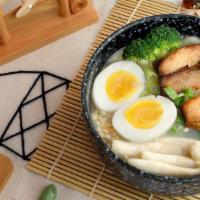 Tonkotsu Udon · Toppings: egg, corn, wakame, mushroom, green onion.