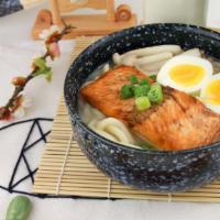 Salmon Udon · Toppings: egg, corn, wakame, mushroom, green onion.