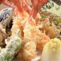 Mixed Tempura · Two pieces deep-fried shrimps and five pieces of seasonal vegetables.