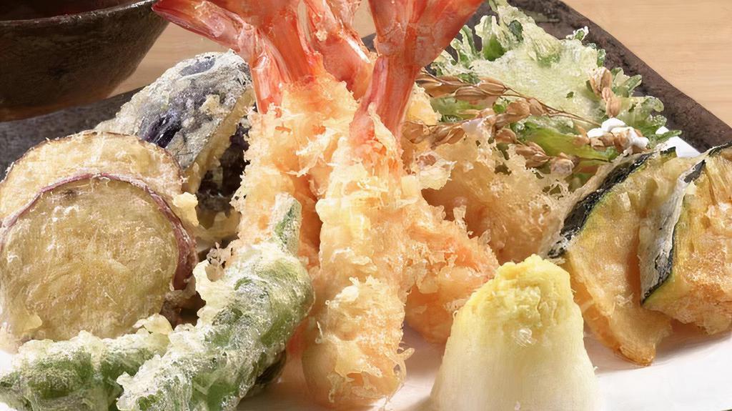 Mixed Tempura · Two pieces deep-fried shrimps and five pieces of seasonal vegetables.