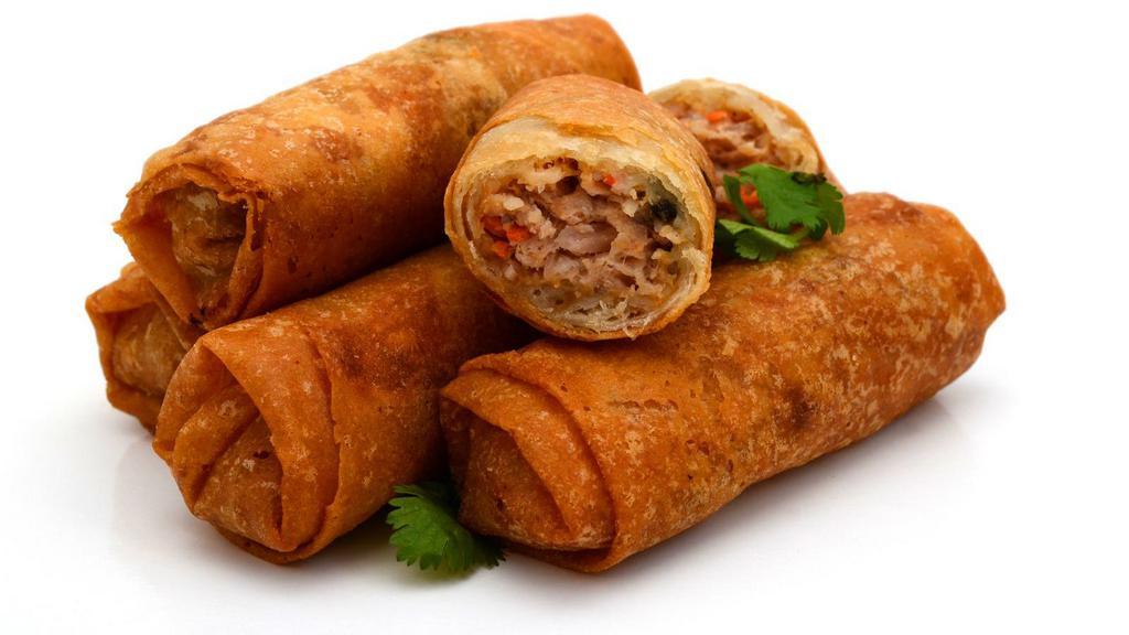 Imperial Rolls · Crispy rolls filed with ground pork, taro, carrots, and silver noodles.