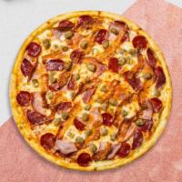 California Pizza · Pepperoni, turkey bacon, olives, feta cheese, and sausage baked on a hand-tossed dough.