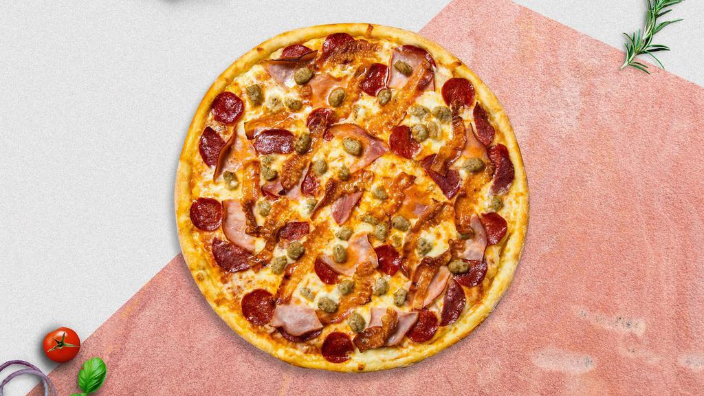 California Pizza · Pepperoni, turkey bacon, olives, feta cheese, and sausage baked on a hand-tossed dough.