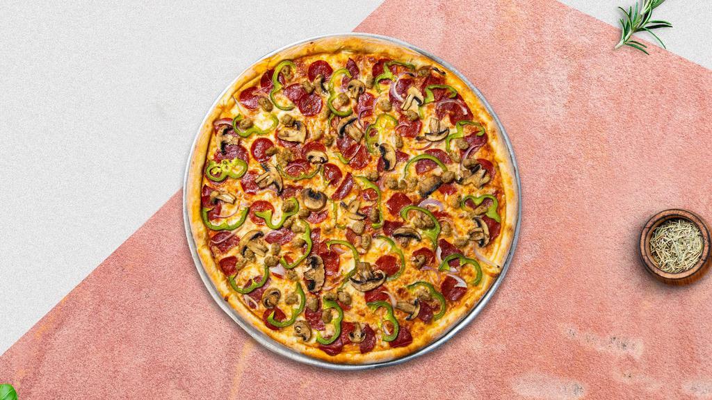 Italy Pizza · Pepperoni, mushrooms, salami, onions, bell peppers, sausage, and olives baked on a hand-tossed dough.