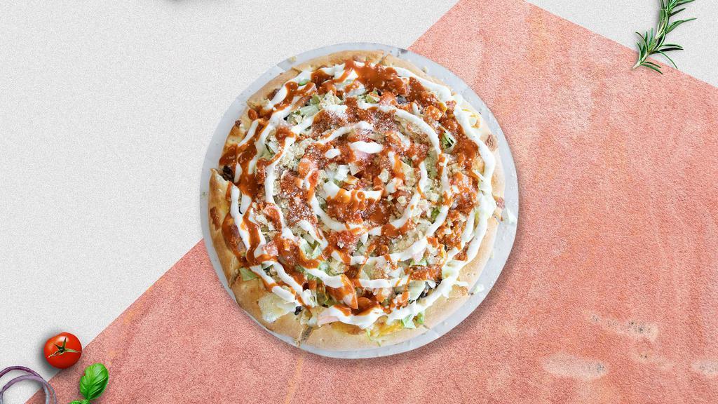 Chicken Garlic Ginger Specialty Pizza · Chicken, ginger, garlic, bell peppers, green chili, masala sauce baked on a hand-tossed dough.
