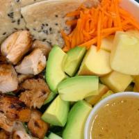 Chicken Salad · Fresh grilled chicken, avocado, romaine lettuce, pickled carrot, apple, cucumber. Served wit...