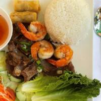 23. BBQ Prawns, Beef, Imperial Roll · White rice, BBQ prawns, beef, imperial roll, and vegetables.