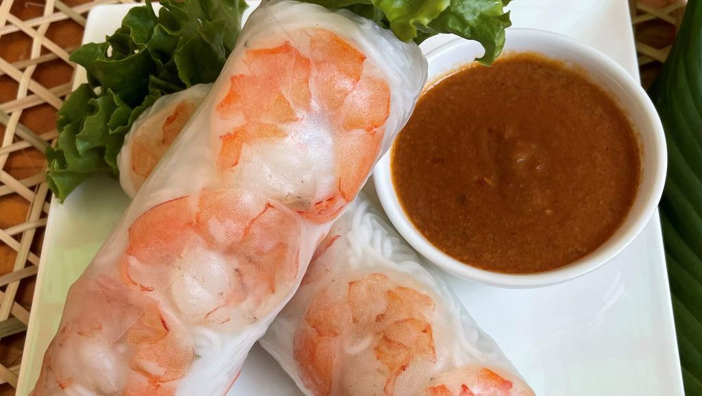 A4. Shrimp Spring Roll (2) · Shrimp, lettuce, pickled carrot and daikon, cucumber, mint, and vermicelli.