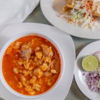Pozole Pork Soup · A delicious soup that will alwyas fill you up! Doesn't come with tortillas.