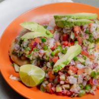 Tostaditas de Ceviche (3) · Fish and shrimp cut into bite-size pieces and marinated in the juice of fresh limes, salt, a...