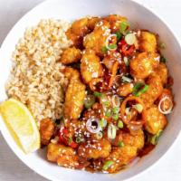 Orange Chicken 2.0 · Antibiotic-free, oven-fried chicken with charred peppers, caramelized onions, green onions, ...
