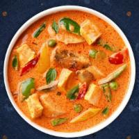 Red Curry · Red curry sauce and coconut milk with tofu, eggplants or bamboo shoots, bell peppers, and sw...