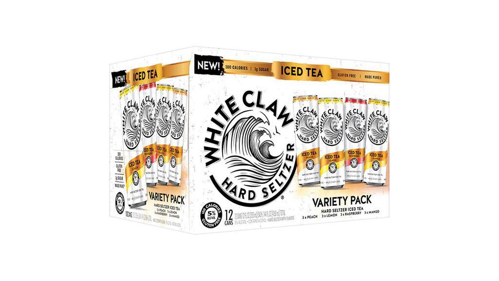 White Claw Hard Seltzer Iced Tea Can (12 Oz X 12 Ct) · White Claw® Hard Seltzer Iced Tea is an exciting new take on White Claw. White Claw® Hard Seltzer Iced Tea is crafted using a unique BrewPure® process, sustainably sourced brewed tea, and the finest flavors to deliver a wave of pure refreshment like no other. This variety pack features four refreshing flavors – Lemon, Raspberry, Mango and Peach. Each 12oz can contains 100 calories, 1g sugar and 5% alcohol.