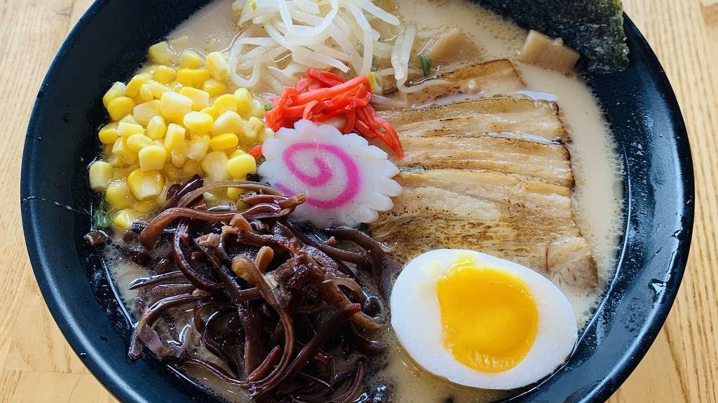 Tonkotsu · Pork broth with creamy tonkotsu base topped with chashu, green onion, bean sprout, kikurage mushroom, bamboo shoot, corn, and soft boiled egg *NO COMPLIMENTARY SUBSTITUTION AVAILABLE*