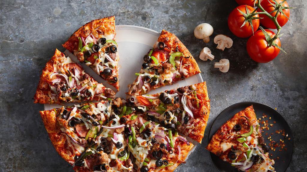 Combo · Red sauce, cheese, salami, pepperoni, mushrooms, bell peppers, black olives, red onions, sausage and beef.