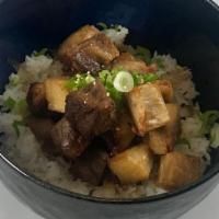 Chashu Don · Homemade Chashu with sauce, Bonito Flake, Green Onion, and Rice.
