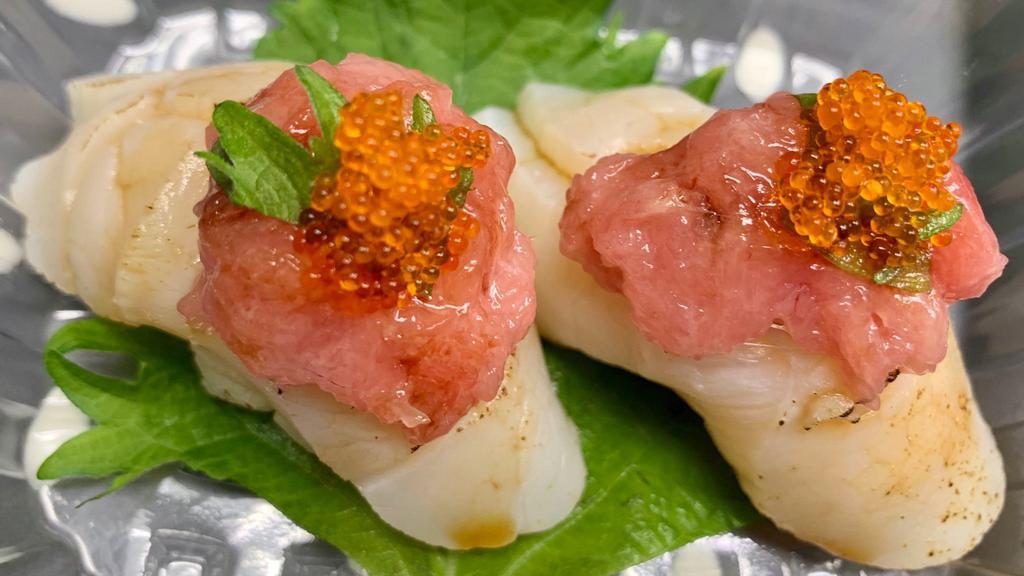 Toro Hotate (2 pcs) · Hokkaido Scallop topped with Fatty Bluefin Tuna