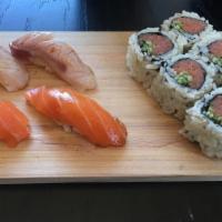 Sushi Box #16 Salmon, Yellowtail & Spicy Tuna Roll · Seared Yellowtail Nigiri 2 pcs, Salmon Nigiri 2 pcs & Spicy Tuna Cut Roll with miso soup