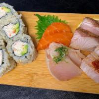 Lunch Box #20. Sashimi Moriwase · 8 Pieces Chef choice Sashimi & California Roll with miso soup