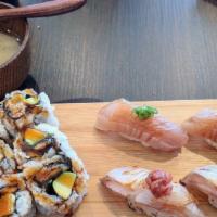 Sushi Box #18 Albacore, Tai, CA Roll · White Tuna nigiri 2 pcs, Seared Red snapper nigiri 2 pcs & CA Roll with miso soup