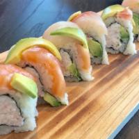 Rainbow Roll · Imitation crab, avocado topped w/ raw fish
