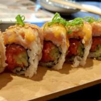 (Seared) Ultimate Roll · Spicy tuna, cucumber topped with seared albacore, spicy mayo sauce, eel sauce, sesame seed, ...