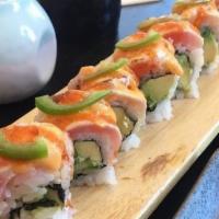 (Seared) Fire Roll · Avocado, cucumber topped with seared yellowtail, scallion, and kimchi sauce