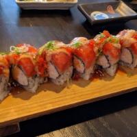 R.Y. Roll · Imitation crab, avocado, cucumber topped with spicy tuna, spicy mayo sauce, eel sauce, tobik...