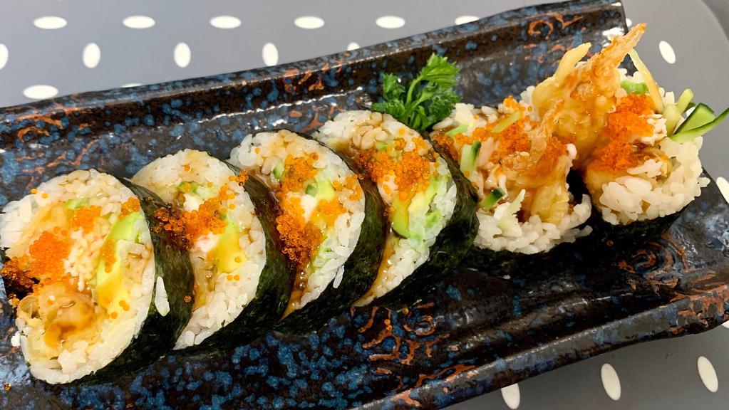 Shrimp Tempura Roll · Deep fried shrimp, crab, avocado, cucumber, tobiko and unagi sauce