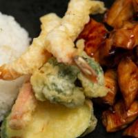 Bento Box · Choice of protein accompanied with  shrimp and  vegetable tempura, and your choice of rice.