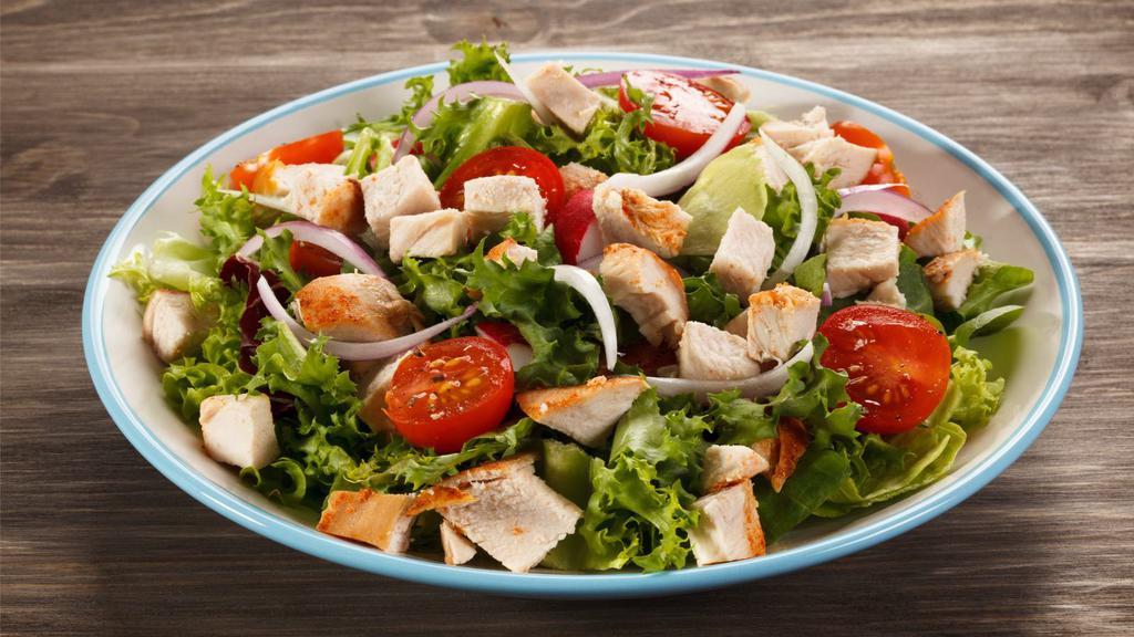 Chicken Salad · Fresh lettuce, red onions, bell peppers, tomatoes, chicken shawarma, lemon juice and extra virgin olive oil.