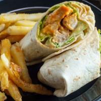 Lamb Wrap With Fries · Flavorful lamb served with lettuce, tomatoes, onions and lavash bread with fries.