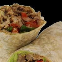 SUPER BURRITO · Vegetarian. Flour tortilla wrapped with meat, whole pinto beans, rice, sour cream, cheese, g...