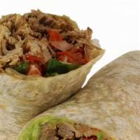 ALAMBRE BURRITO · Beef strips grilled with bacon, bell peppers, and onions, topped with melted cheese, wrapped...