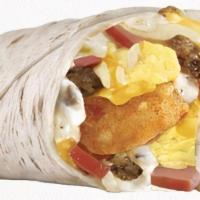 BREAKFAST BURRITO · Vegetarian. Scrambled eggs wrapped in flour tortilla with whole beans, rice, cheese, sour cr...