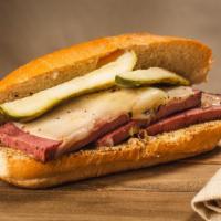 The Hot Pastrami · thinly sliced pastrami on a hoagie roll topped with sliced American cheese, sliced dill pick...