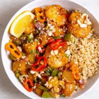 Sweet and Sour Chicken Bowl · Oven-fried chicken sautéed with Sweet & Sour sauce, roasted pineapple, charred peppers, saut...