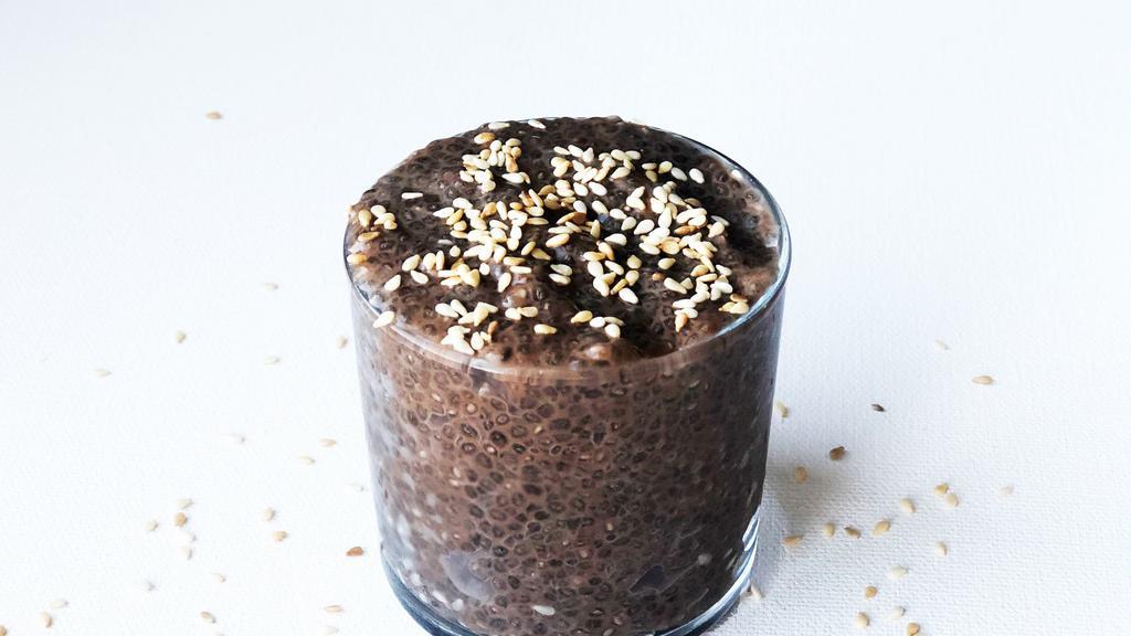 Nutella Chia Pudding · Chia seeds soaked overnight in dairy-free milk and sweetened with raw cane sugar. (gluten-free.)