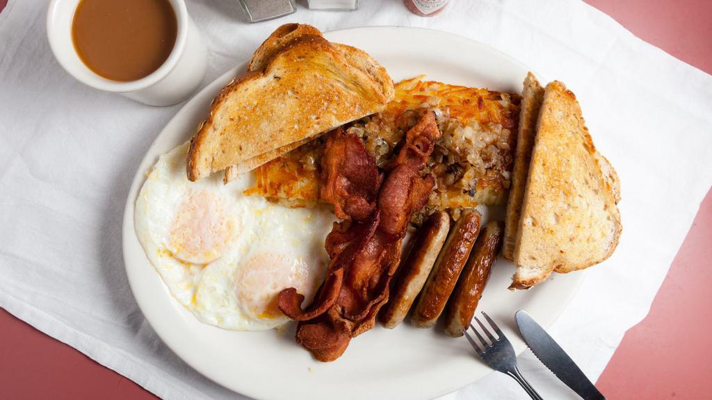 1. Bacon · With two eggs, potatoes, buttered toast, and jelly.