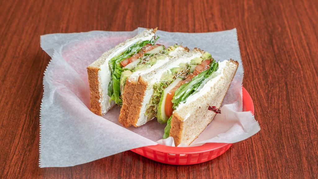 Gabster · Cream cheese, avocado, cucumber, tomato, lettuce and sprouts.