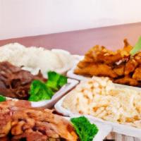 Family Meal #1 ( 3-4 people) · Feeds 3-4 people, your choice of 3 proteins over cabbage, includes macaroni salad and white ...