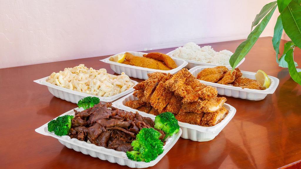 Family Meal #2 ( 5-6 people) · Feeds 5-6 people, your choice of 4 proteins over cabbage, includes macaroni salad and white rice.