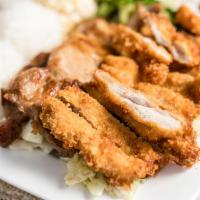 #1. Chicken Combo · BBQ Chicken and Chicken Katsu over cabbage and broccoli, includes 2 scoops of rice and 1 sco...