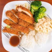 Chicken Katsu · Deep Fried panko Chicken with homemade Katsu sauce over cabbage and broccoli, includes 2 sco...