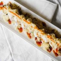 Super Crunchy Roll · 8 Pieces- Shrimp tempura, masago, crab stick, cucumber inside with salmon, avocado, crunchy ...
