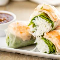 Shrimp and Pork Spring Roll · Shrimp and pork with lettuce, mint, rice vermicelli and serve with peanut dressing.
