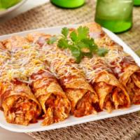 Chicken Enchiladas · Traditional enchiladas with shredded chicken, cheese and enchilada sauce. Served cold in a m...